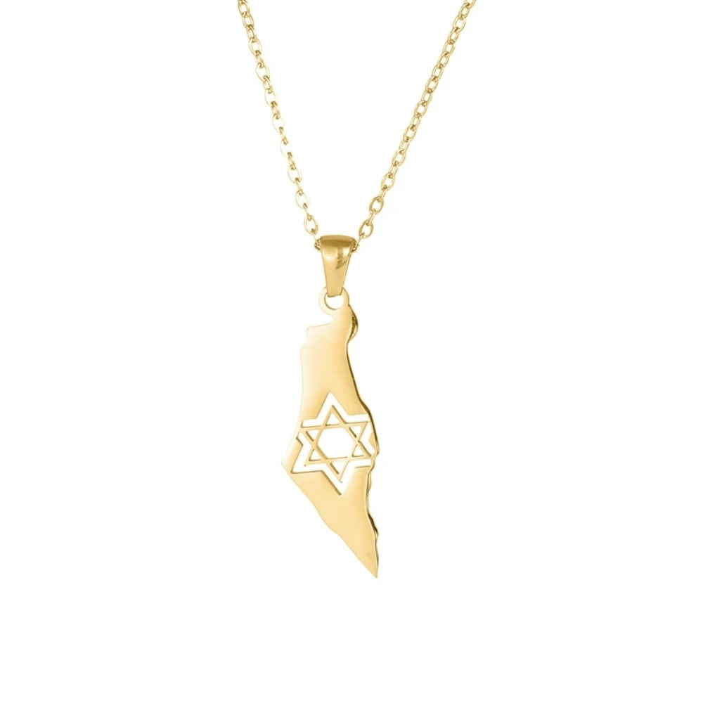 Land of Israel Flag Map Necklace Stainless Steel Star of David State Israeli Jewish Judaism Ethnic Pendant Chain Collar Choker