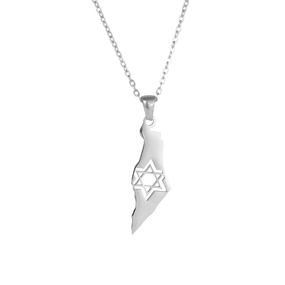 Land of Israel Flag Map Necklace Stainless Steel Star of David State Israeli Jewish Judaism Ethnic Pendant Chain Collar Choker